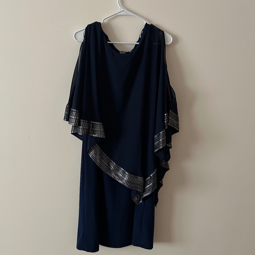 SLNY Metallic-Trim Capelet Sheath Dress